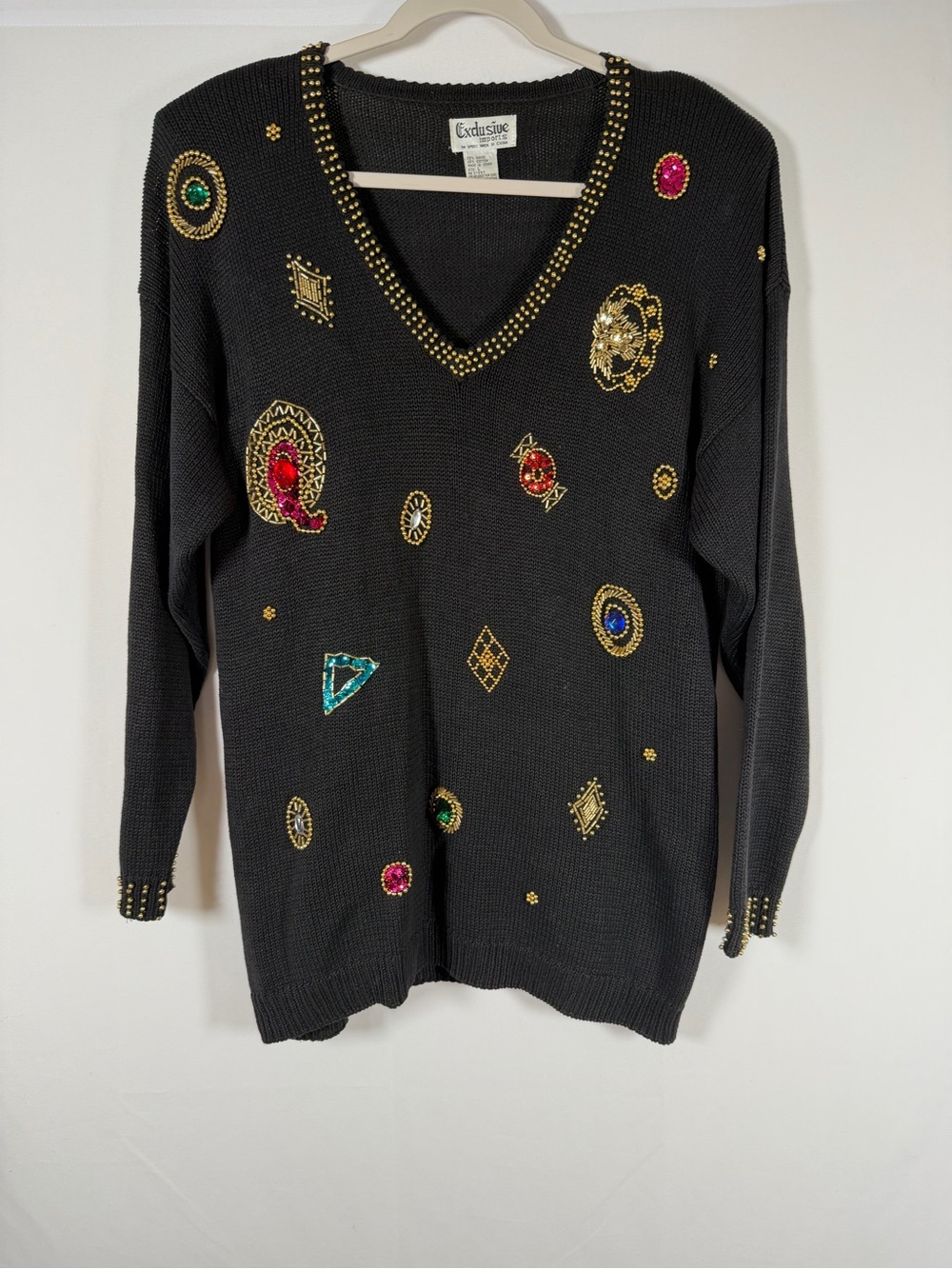 Black Vintage Whimsigoth Witchy V-Neck Embellished Sweater with Multicolor Gems